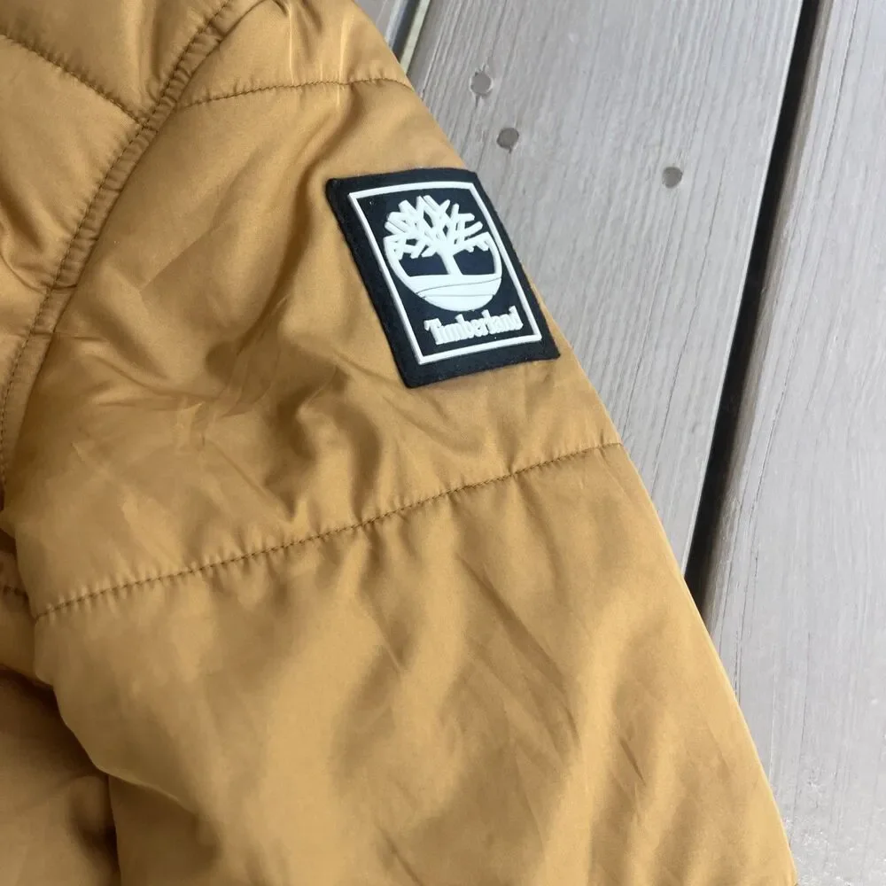 TIMBERLAND Boys Puffer Jacket Tan Hooded Winter Full Zipper Size Large (14-16)